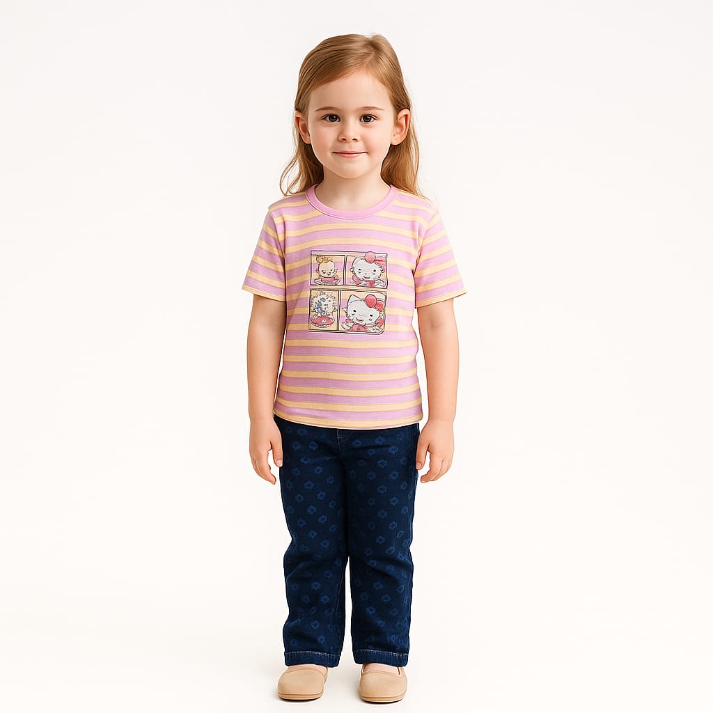 Silakaari Alvira Pink Kitty T-Shirt With Blue bear printed Denim Jeans Set For Girls