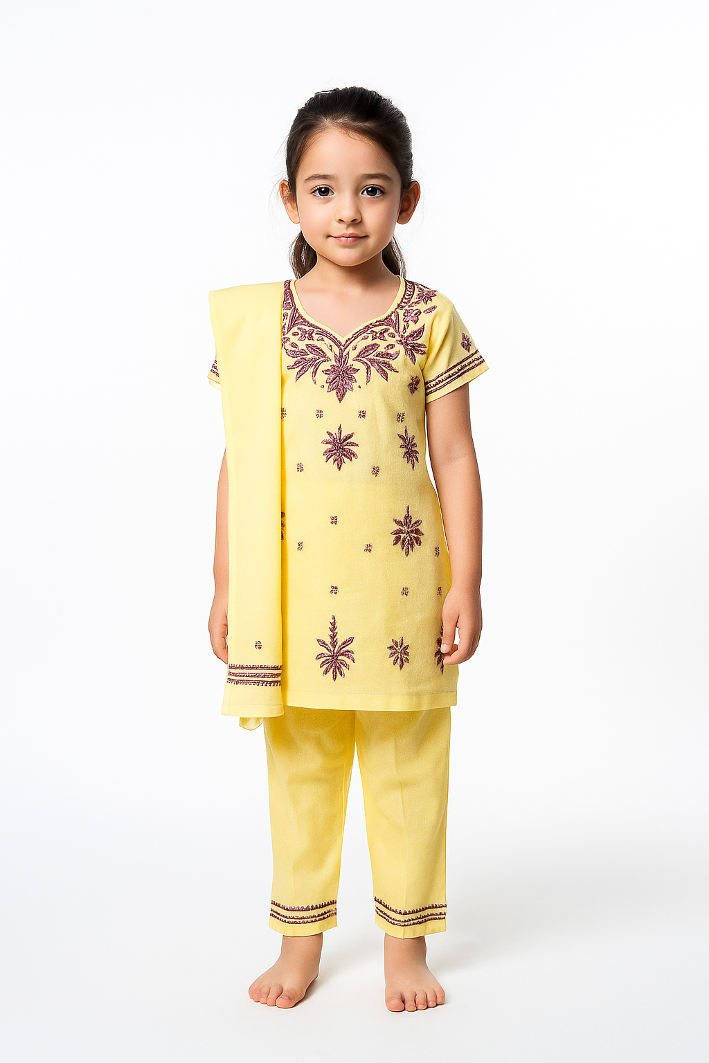 Silakaari Samaira Yellow-Violet Pure Cotton Lucknowi ChikanKari Kurti Pant With Dupatta Set For Girls