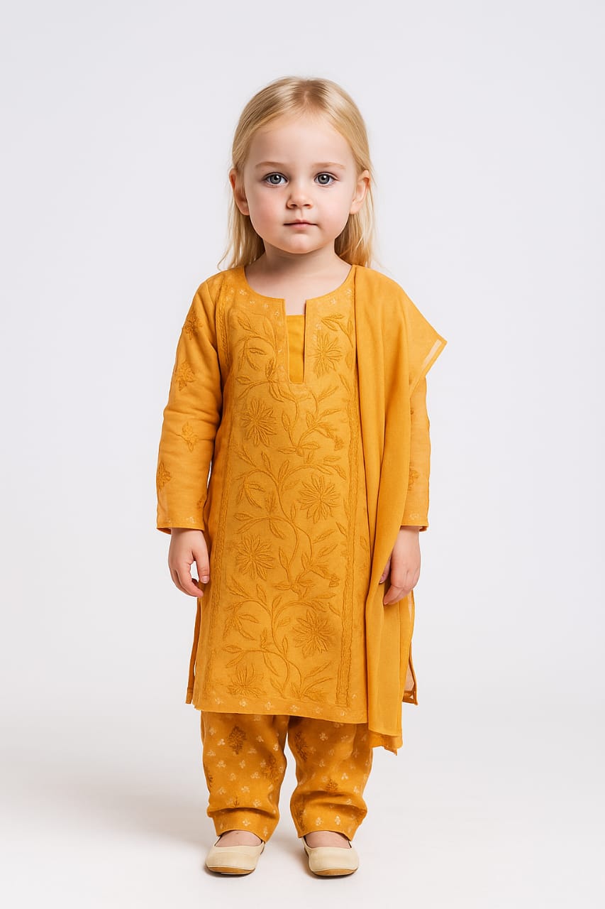 Silakaari Pari Beige-White Pure Cotton Lucknowi ChikanKari Kurti Pant With Dupatta Set For Girls