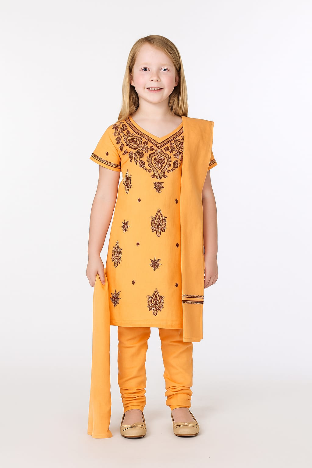Silakaari Alayna Beige-Brown Pure Cotton Lucknowi ChikanKari Kurti Pant With Dupatta Set For Girls