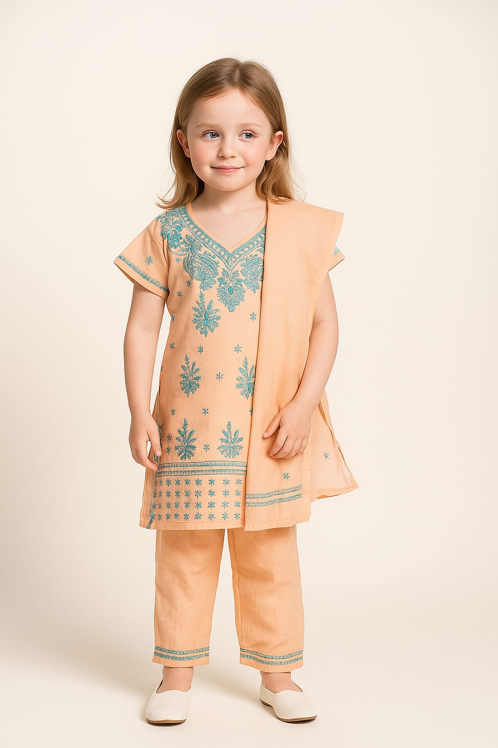 Silakaari Cyna Peach-Green Pure Cotton Lucknowi ChikanKari Kurti Pant With Dupatta Set For Girls
