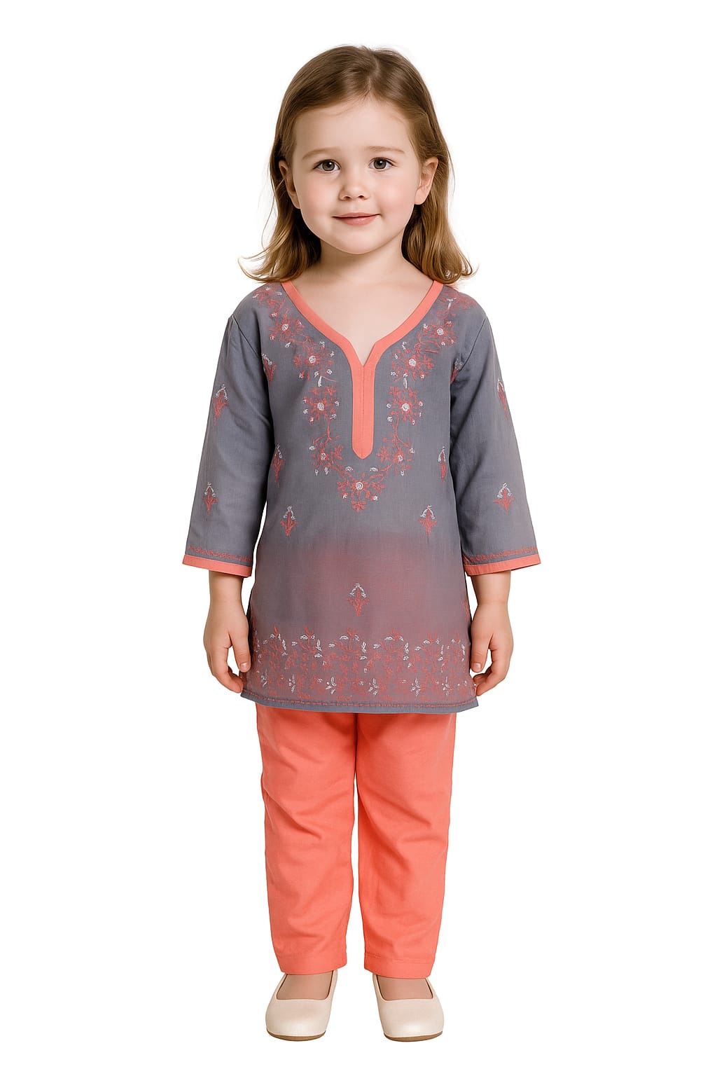 Silakaari Anam Grey-Pink Pure Cotton Lucknowi ChikanKari Kurti Pant Set For Girls