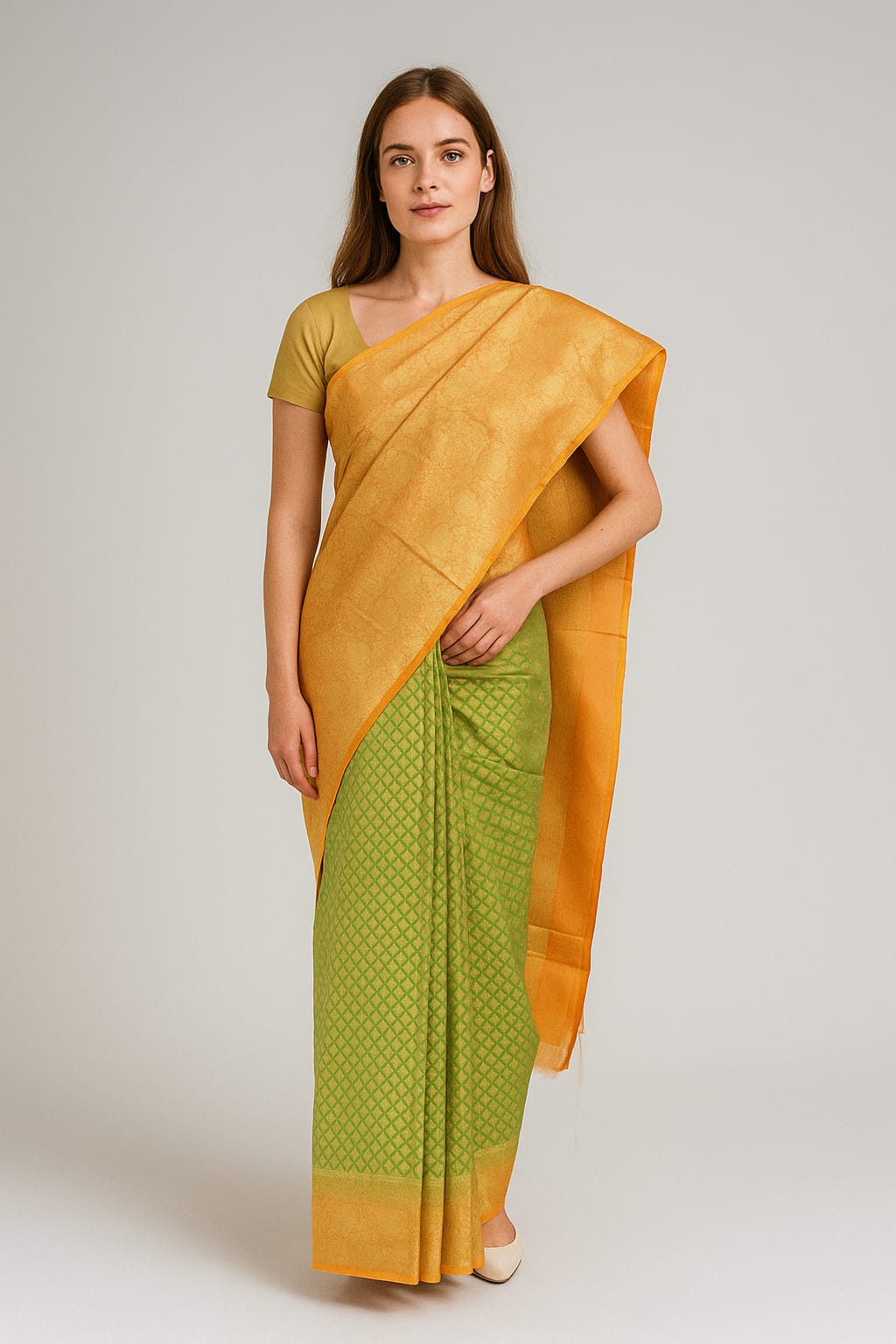 Silakaari Women's Green-Yellow Zari Banarasi saree