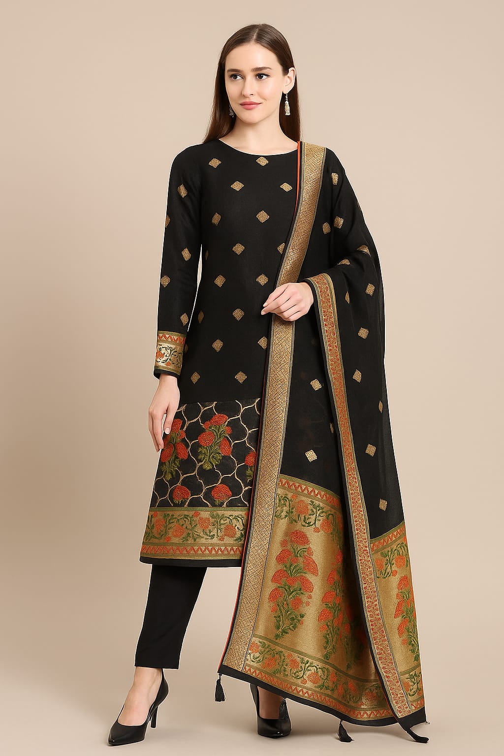 Silakaari Women's Black Zari Work Designer Banarasi Unstitched Dress Material
