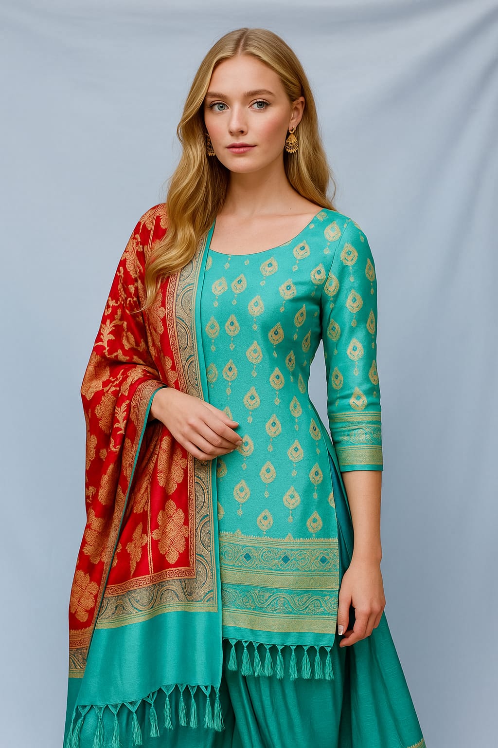 Silakaari Women's Green-Red Heavy Zari Banarasi Work Unstitched Dress Material