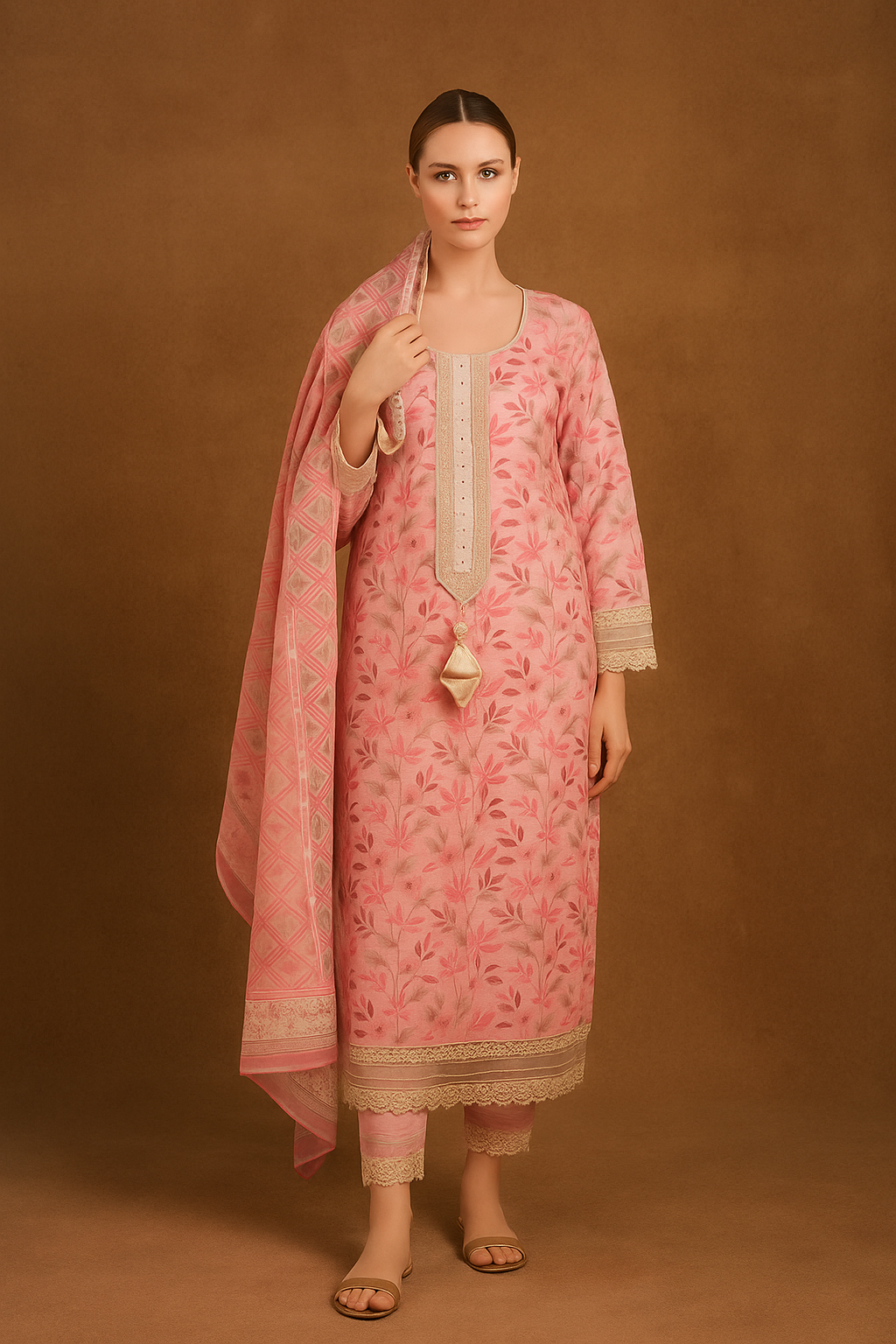 Silakaari Women's Pink Mirror Floral Lacy Front Designer  Ready-made Dress