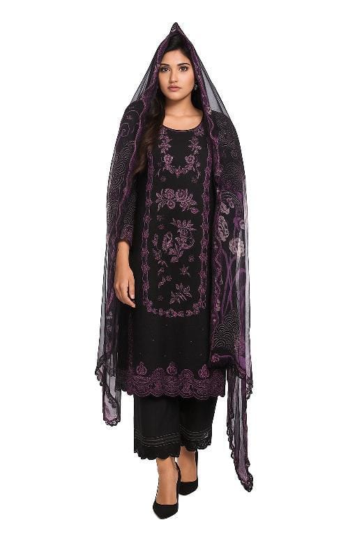 Silakaari Kurbat Pure Lawn All Over Embroidery With Sequin Black-Purple Full Patch Work  Ready-Made Dress