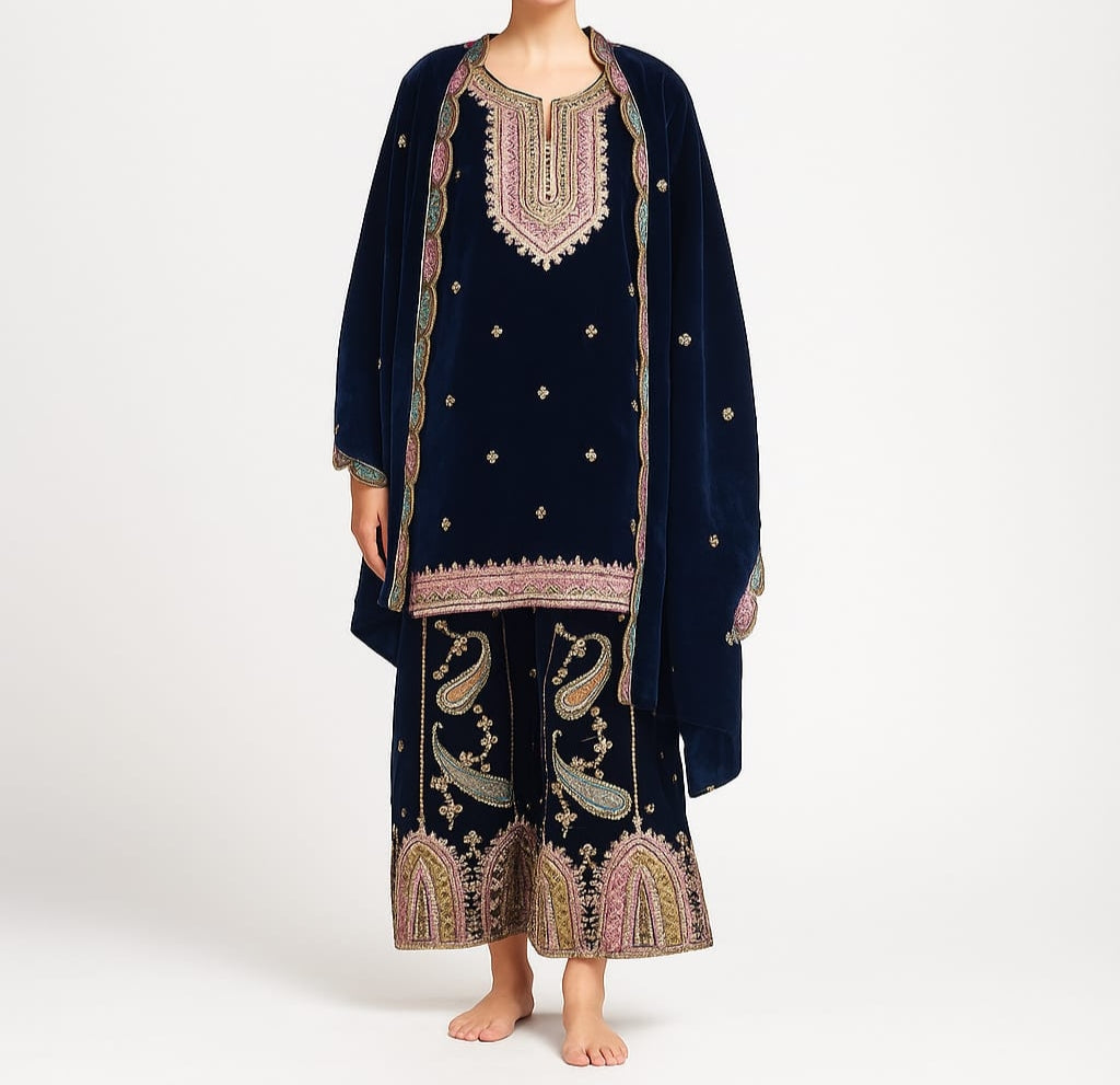 Silakaari Gehraiyaan Dark Blue-Gold Sequin Zari Bridal Pure Velvet Kurti Palazzo Set
