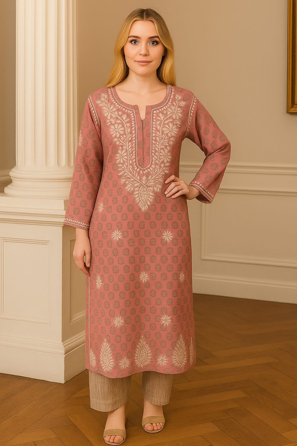 Woman wearing a pink embroidered kurta in an elegant interior setting