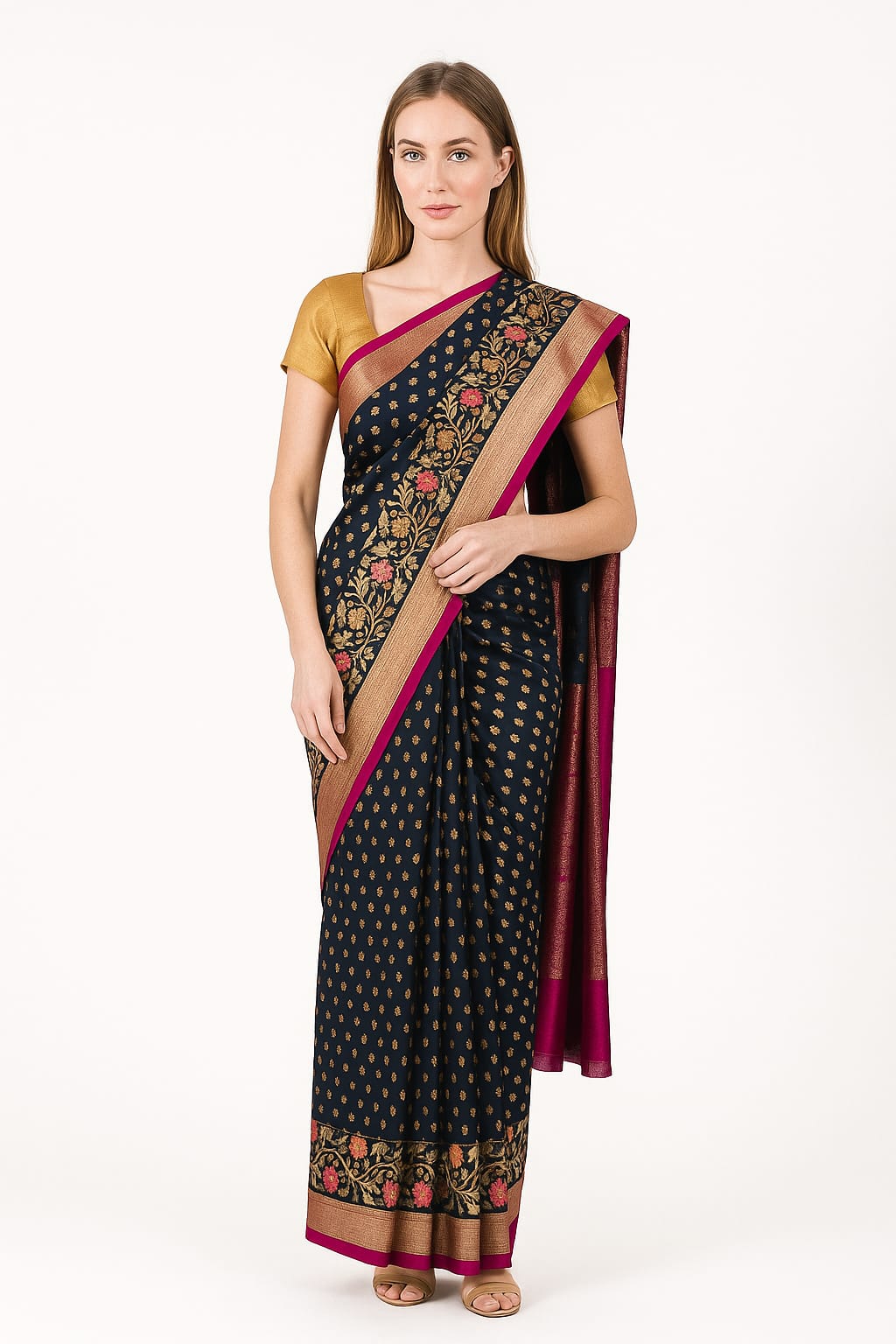 Silakaari Ada Navy Blue-Hot Pink Pure Floral Silk Banarasi Saree