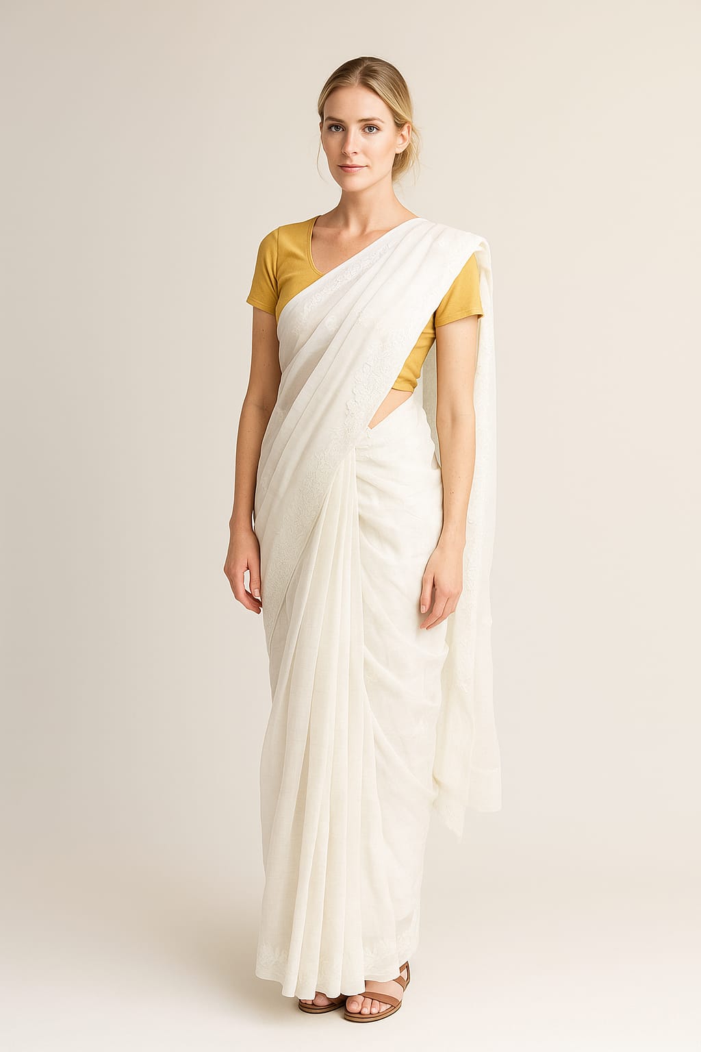 Silakaari Cream-Gold Pure Organza Fine Handwork Lucknowi Premium Saree