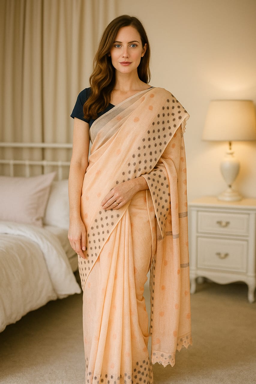 Silakaari Rangrez Peach-Grey Pure HandWork Chanderi Lucknowi Premium Saree