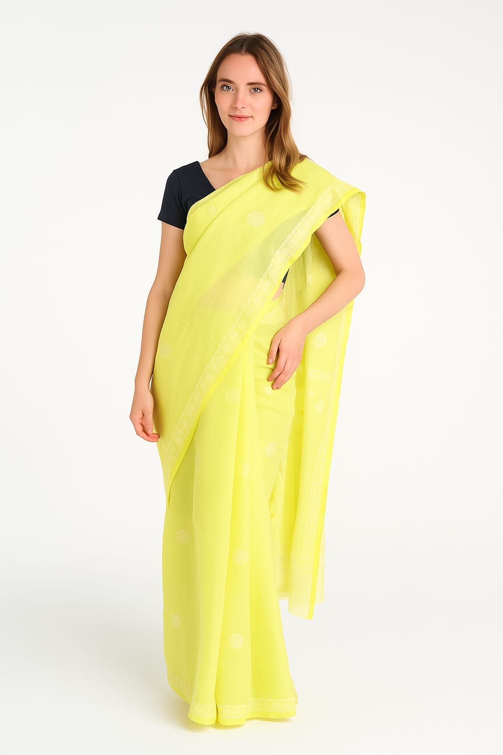 Silakaari Haryali Green-White Pure Cotton Fine Embroidery Lucknowi Saree