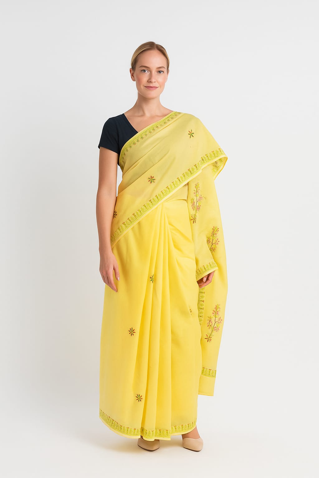 Silakaari Surajmukhi Yellow-Green Pure Cotton HandWork Lucknowi Saree