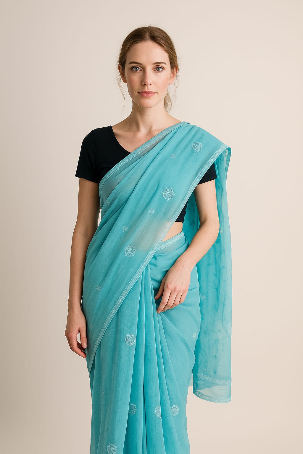 Silakaari Aasmani Pure Cotton Fine HandWork Super Delux Lucknowi Saree