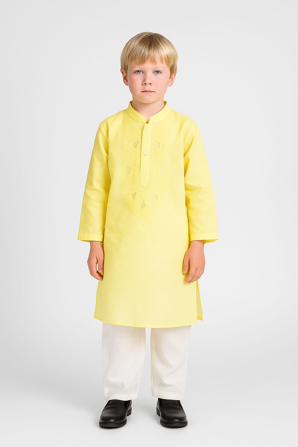 Silakaari Kids Yellow Lucknowi Pure Cotton Kurta Pajama Set For Boys