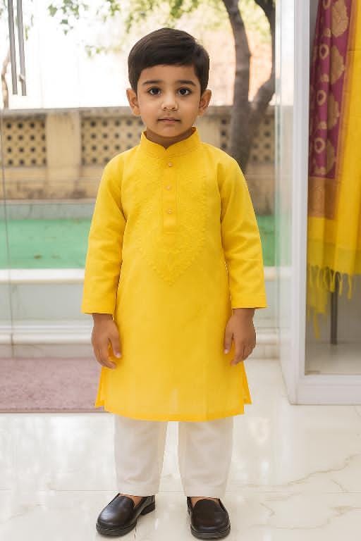 Silakaari Kids Bright Yellow Lucknowi Pure Cotton Kurta pajama Set For Boys