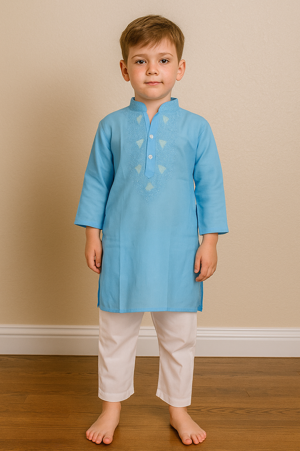 Silakaari Kids Blue Lucknowi Pure Cotton Kurta Pajama Set For Boys