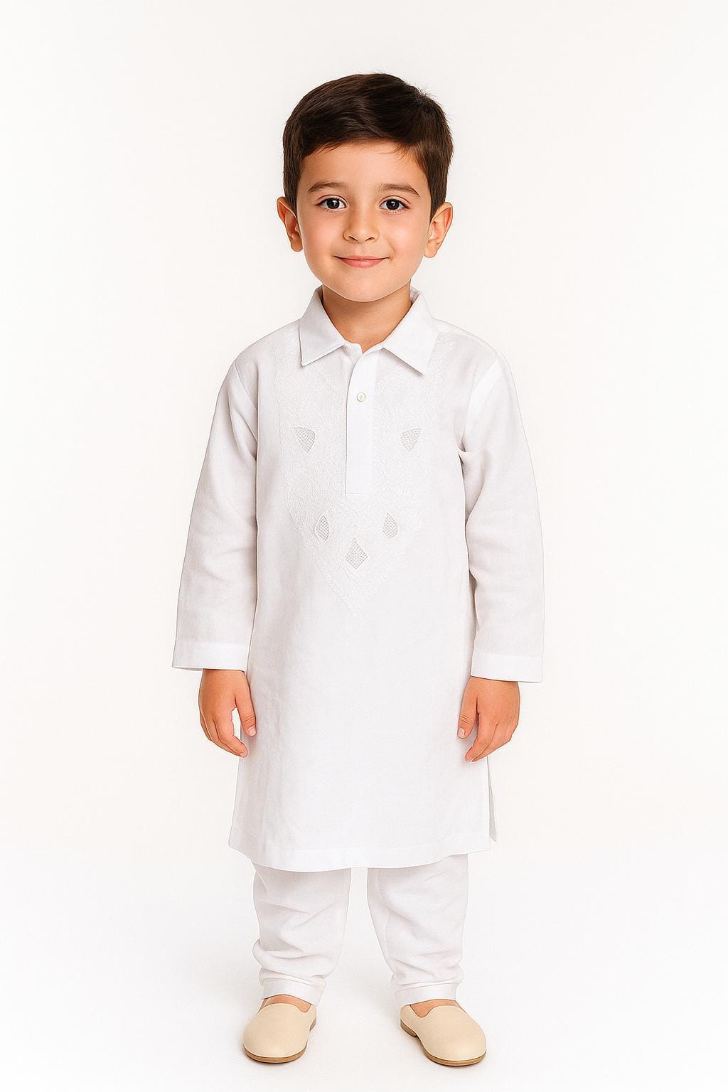 Silakaari Kids White Lucknowi Pure Cotton Kurta Pajama Set For Boys