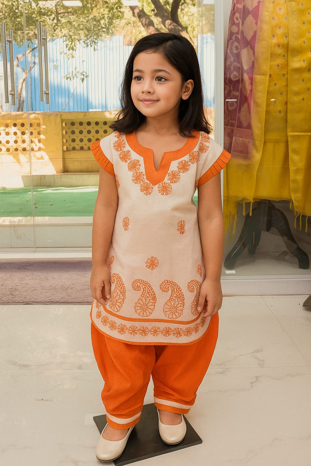 Silakaari Kids Pure Cotton Chikan Lucknowi Kurta Pajama Set For Girls