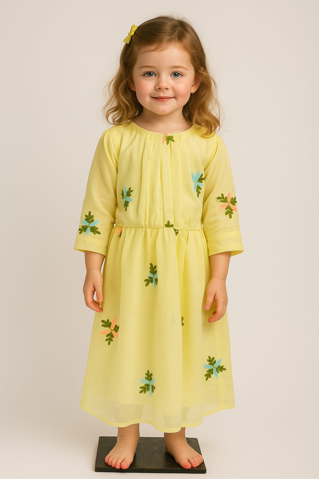 Silakaari Kids yellow Pearl Dress Floral Printed Cinderella Frock For Girls