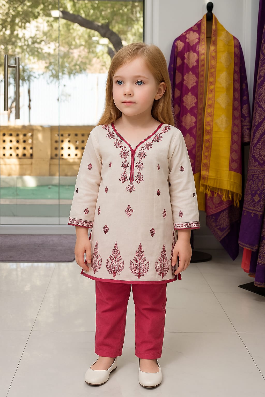 Silakaari Kids Pure Cotton Floral Chikan Lucknowi Kurta Pajama Set For Girls