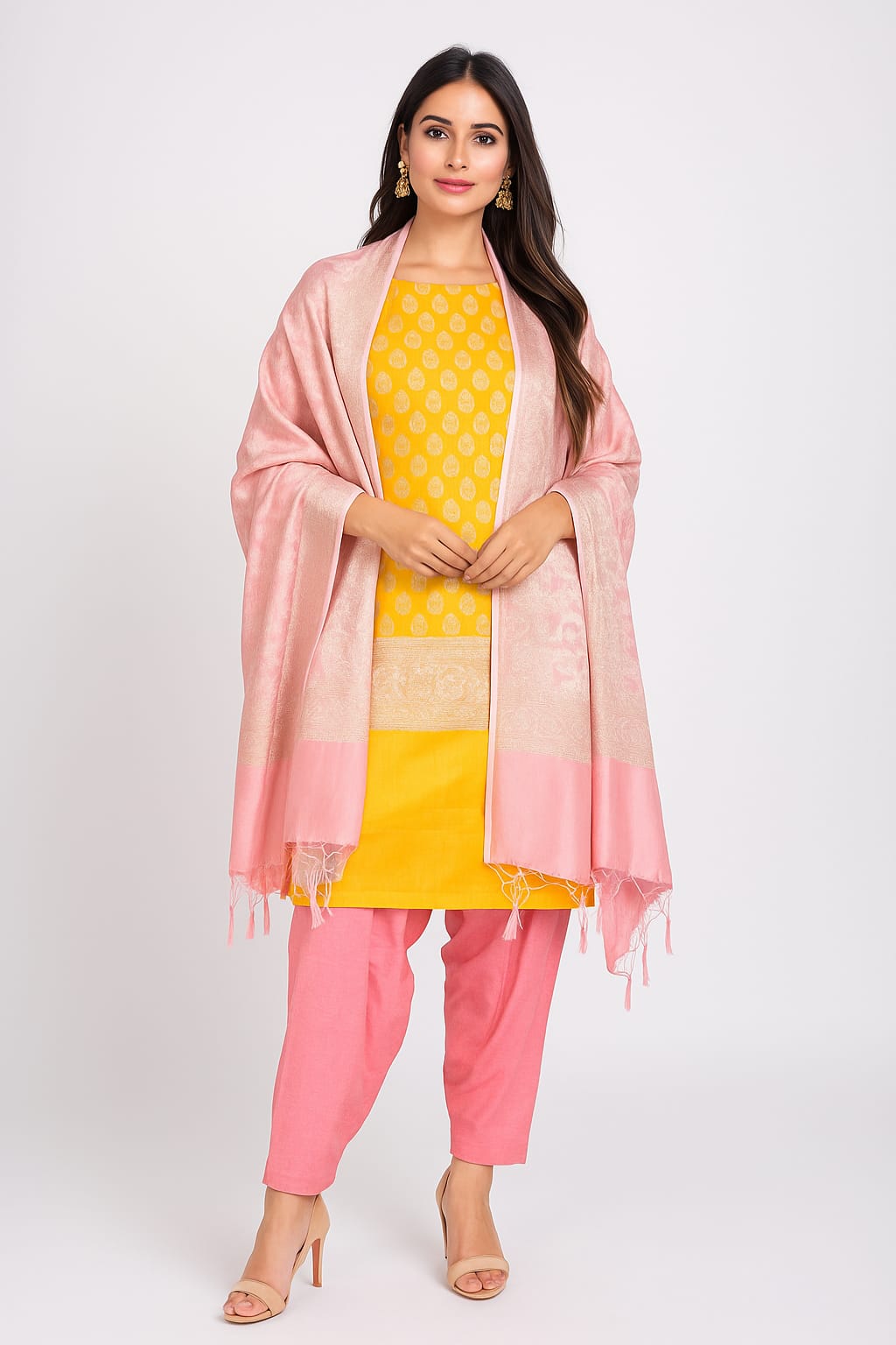 Silakaari Banarasi Zari Brocade Unstitched Suit Set Yellow-Pink With Banarasi Dupatta
