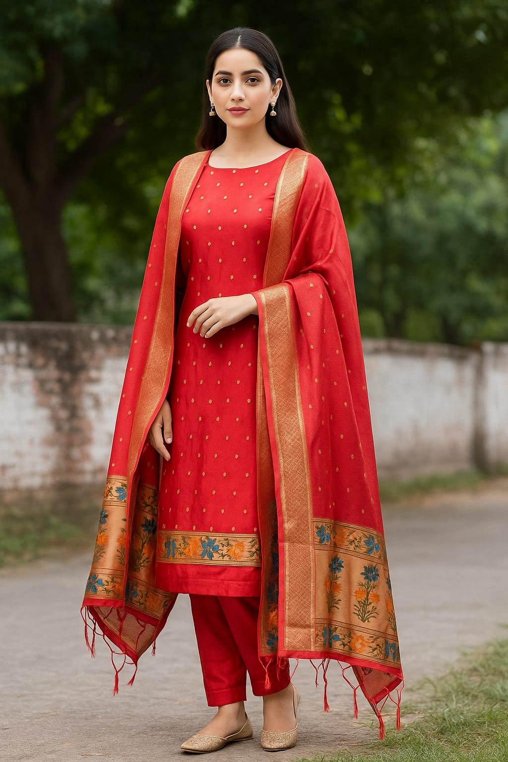 Silakaari Banarasi Silk Woven Zardosi Work & Golden foil Apple Red Unstitched Suit