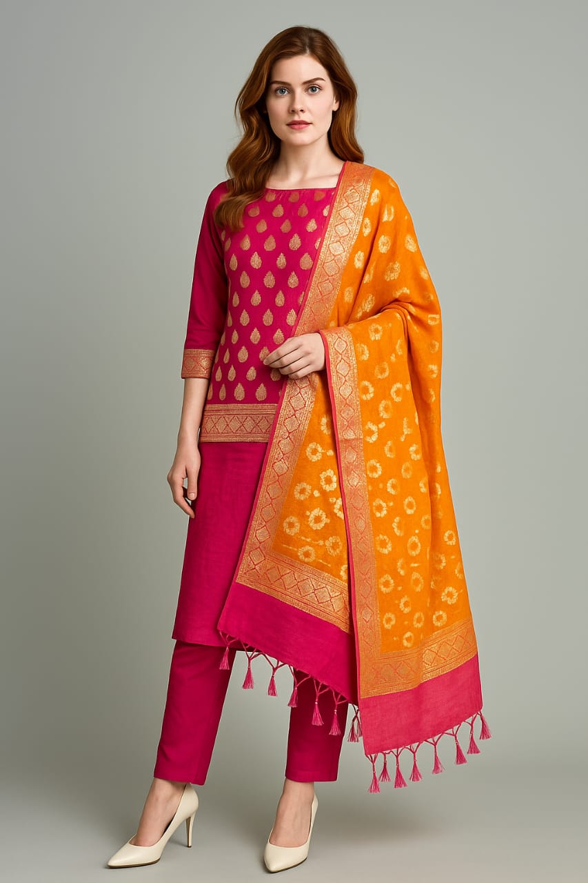 Silakaari Afsana Orange-Hot Pink Double Zari Banarasi Silk Unstitch Salwar Suit