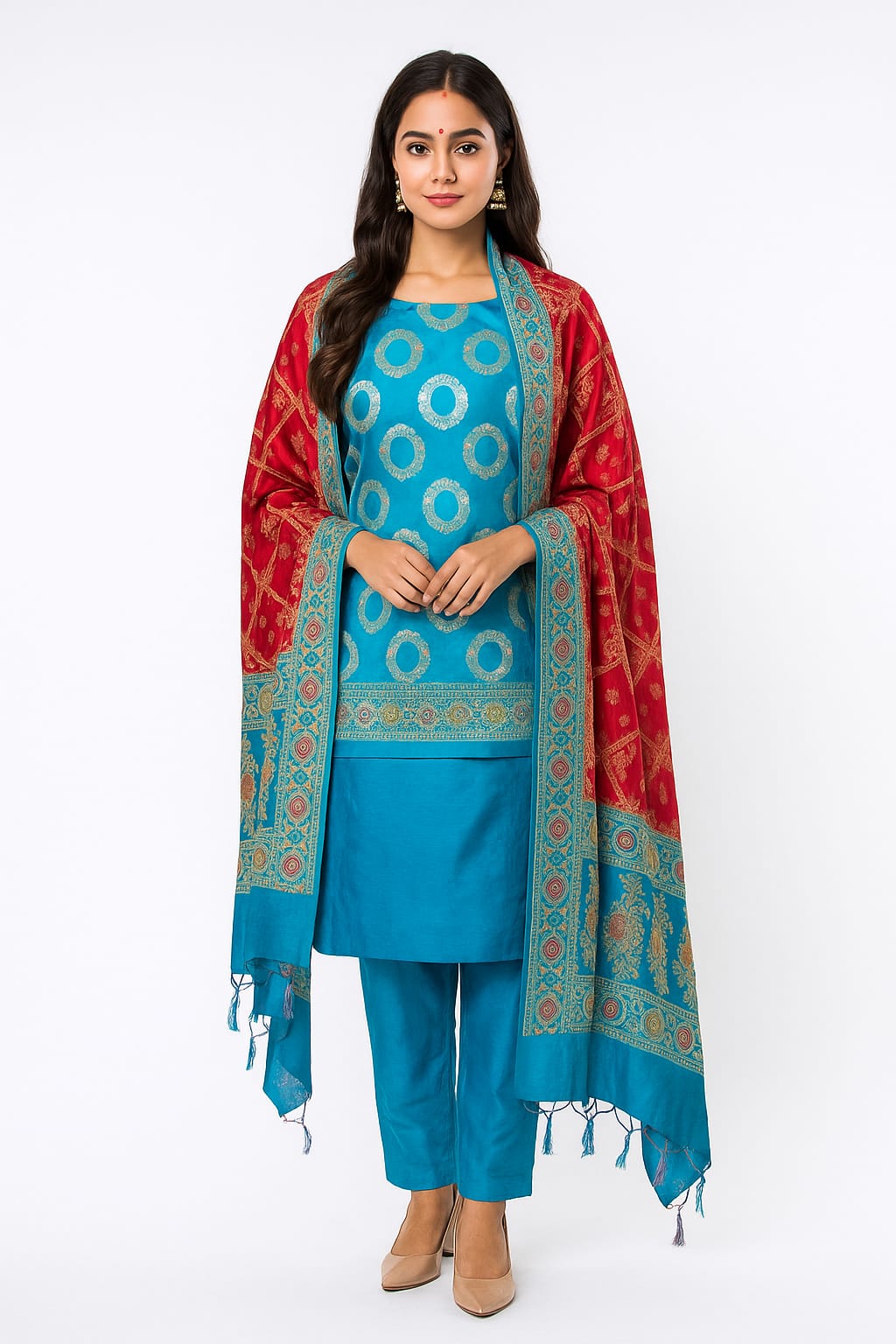 Silakaari Khoobsurat Blue-Red Pure Banarasi Katan Silk unstitch Salwar Suit