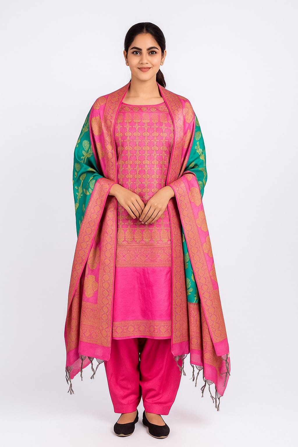 Silakaari Zubaida Banarasi Green-Pink Hand Woven Unstitch Dress Material