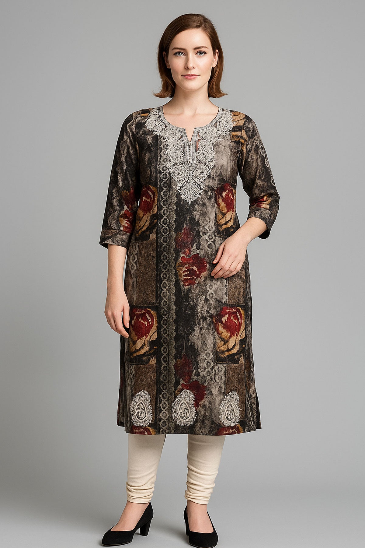 Silakaari Anya Heavy Rayon Mix & Match Black Embroidery Long Kurti