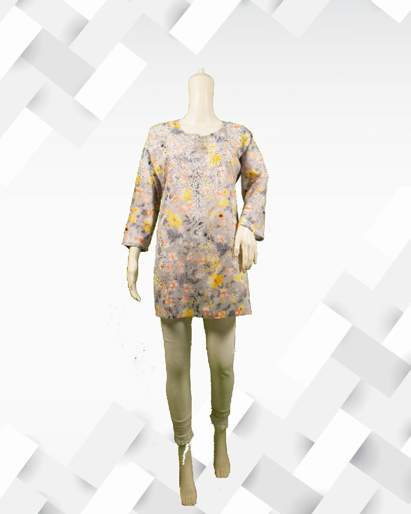 Silakaari women's Floral Printed Mul Lucknowi Short Kurti