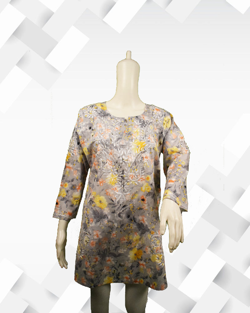 Silakaari women's Floral Printed Mul Lucknowi Short Kurti