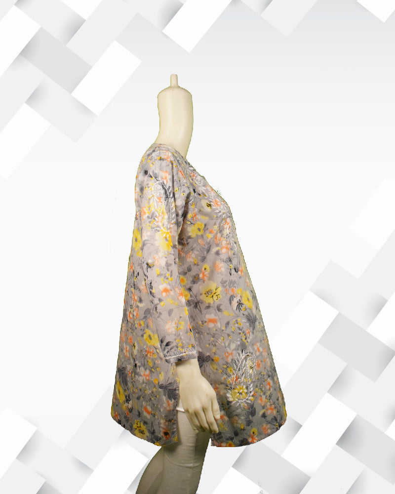 Silakaari women's Floral Printed Mul Lucknowi Short Kurti