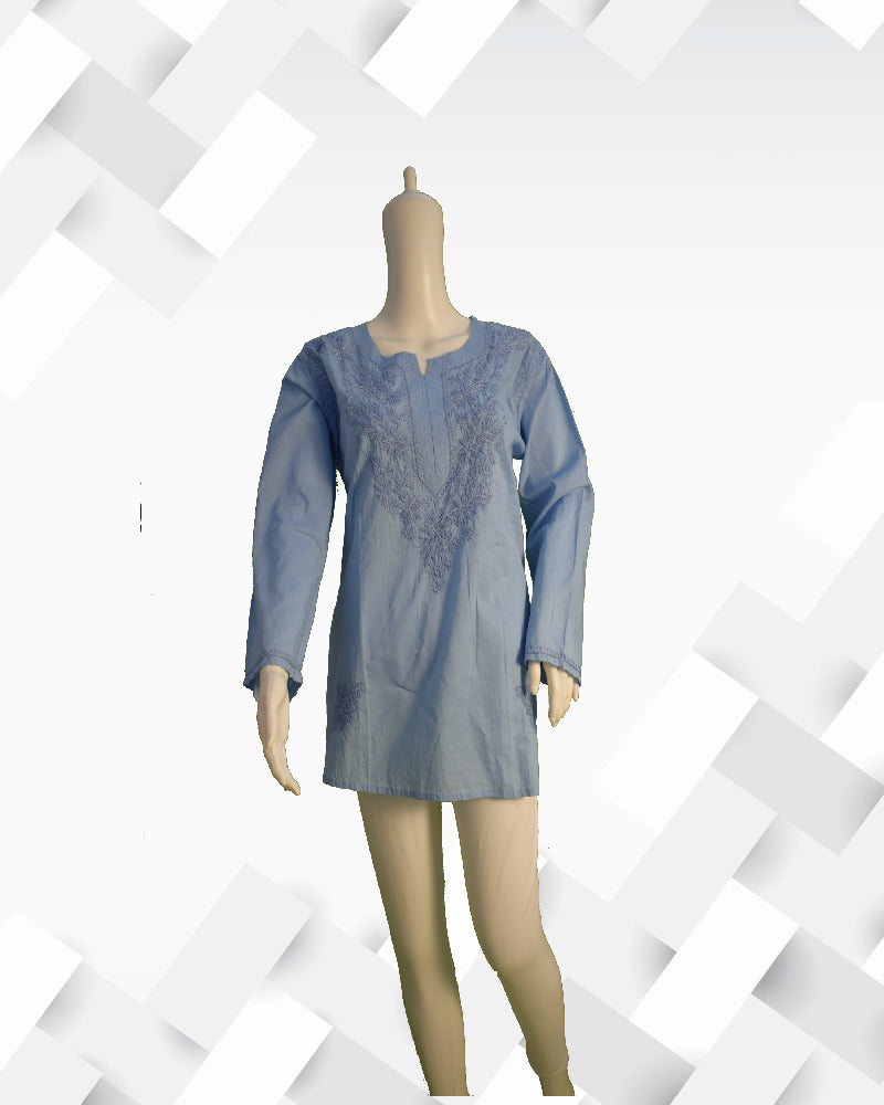 Silakaari Women's Light Blue Pure Cotton Lucknowi Short Kurta
