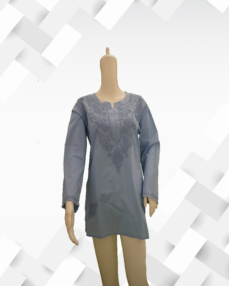 Silakaari Women's Light Blue Pure Cotton Lucknowi Short Kurta