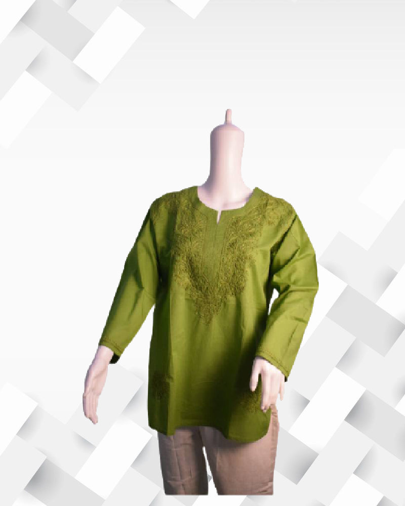 Silakaari Women's Parrot Green pure Cotton Lucknowi Short Kurta