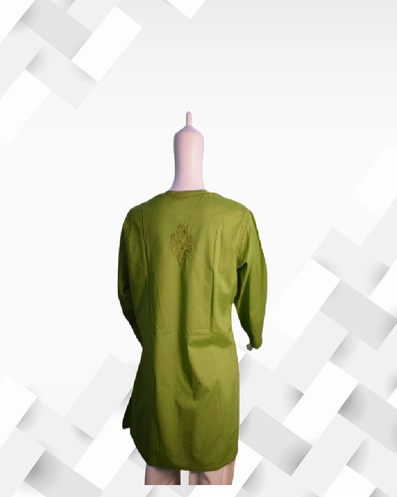 Silakaari Women's Parrot Green pure Cotton Lucknowi Short Kurta