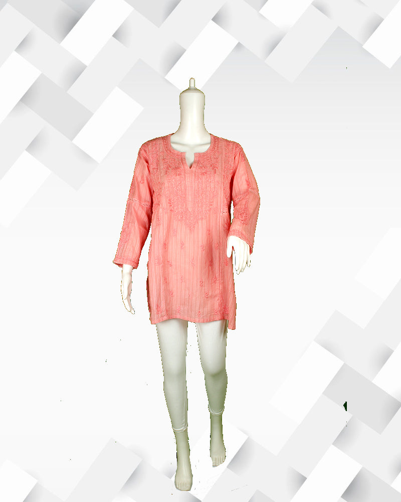 Silakaari Women's peach chikankari short kurti