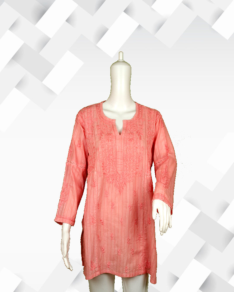 Silakaari Women's peach chikankari short kurti