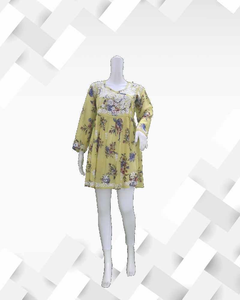 Silakaari Women's Printed Mul Cotton Lucknowi Short Kurta