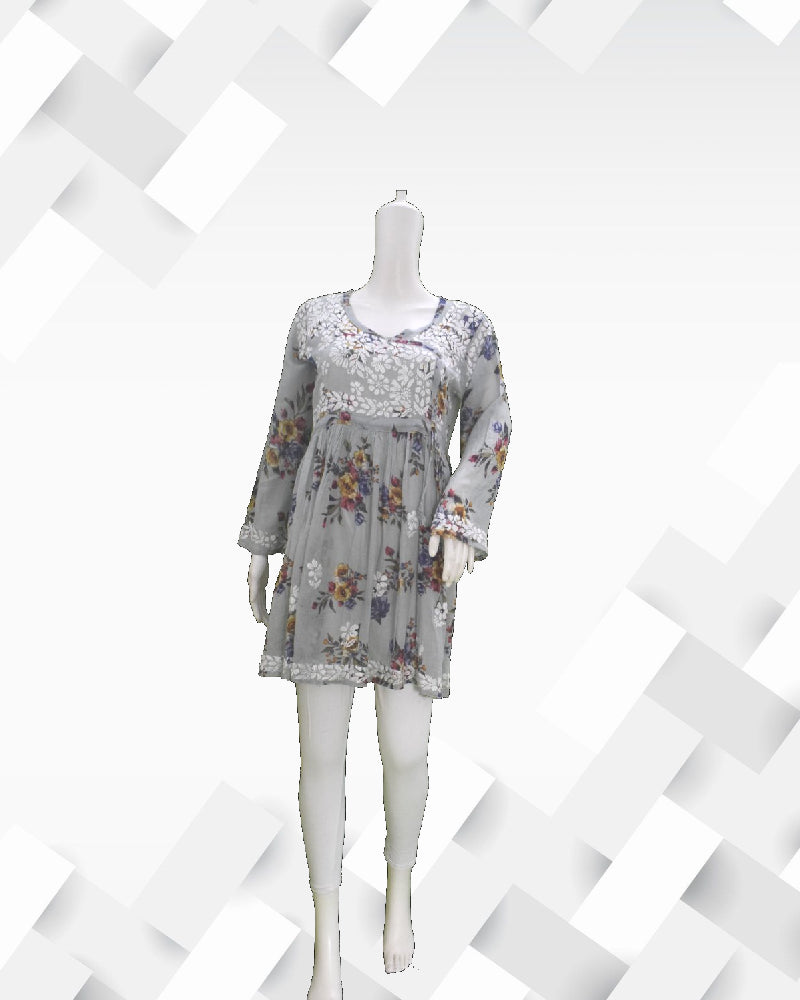 Silakaari Women's Printed Mul Cotton Lucknowi Short Kurta