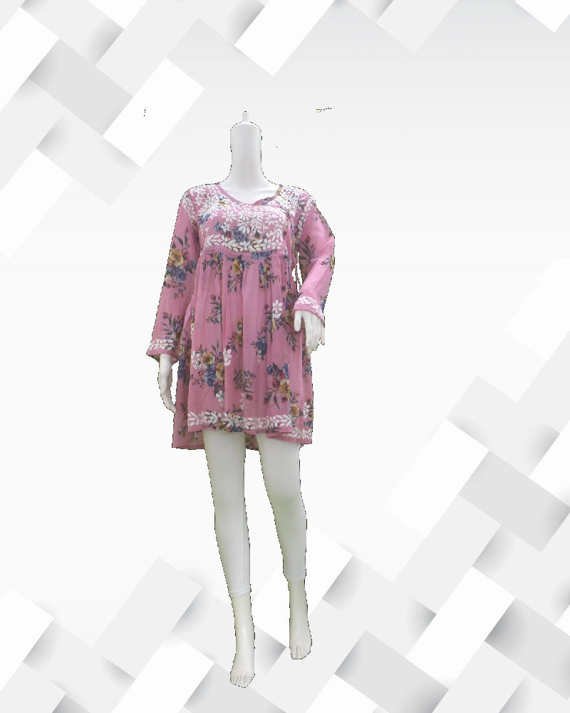 Silakaari Women's Printed Mul Cotton Lucknowi Short Kurta