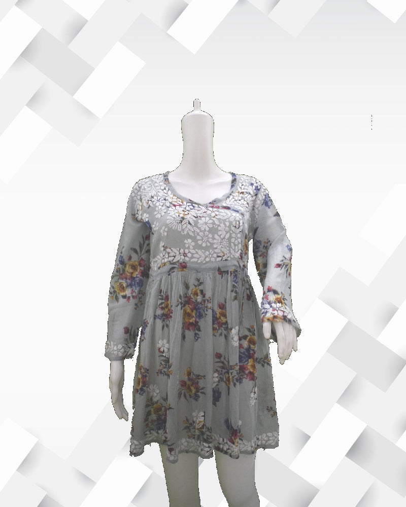 Silakaari Women's Printed Mul Cotton Lucknowi Short Kurta