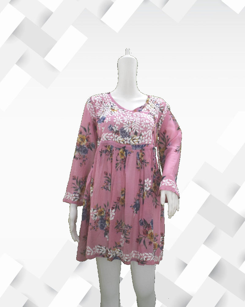 Silakaari Women's Printed Mul Cotton Lucknowi Short Kurta