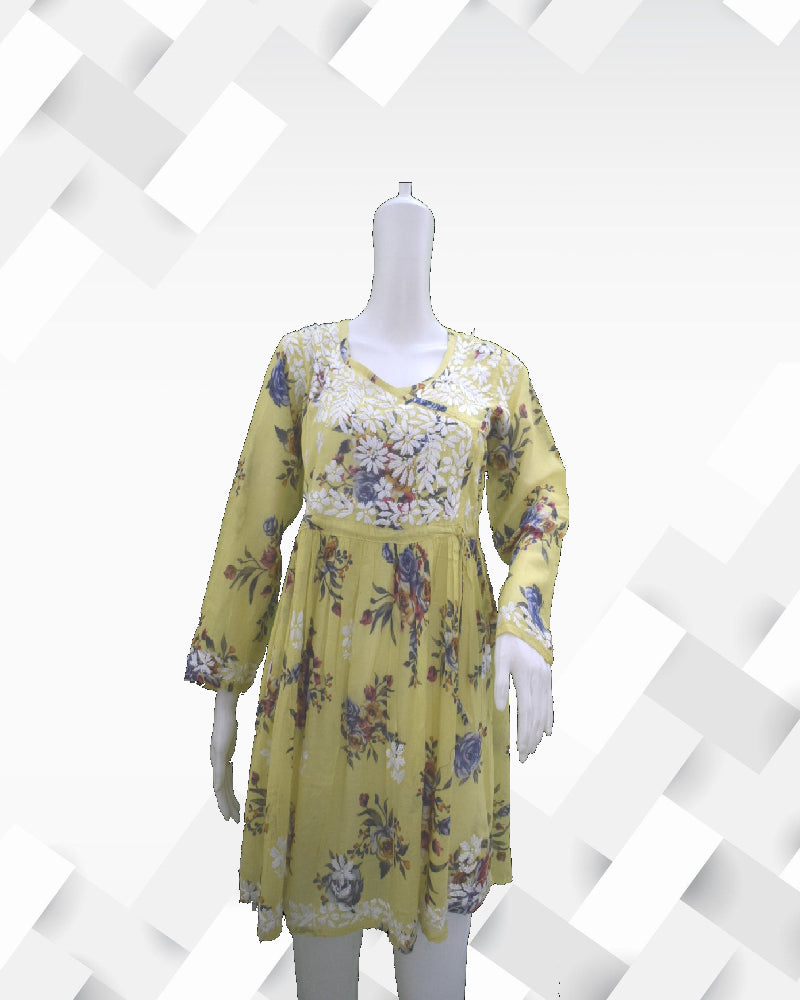 Silakaari Women's Printed Mul Cotton Lucknowi Short Kurta