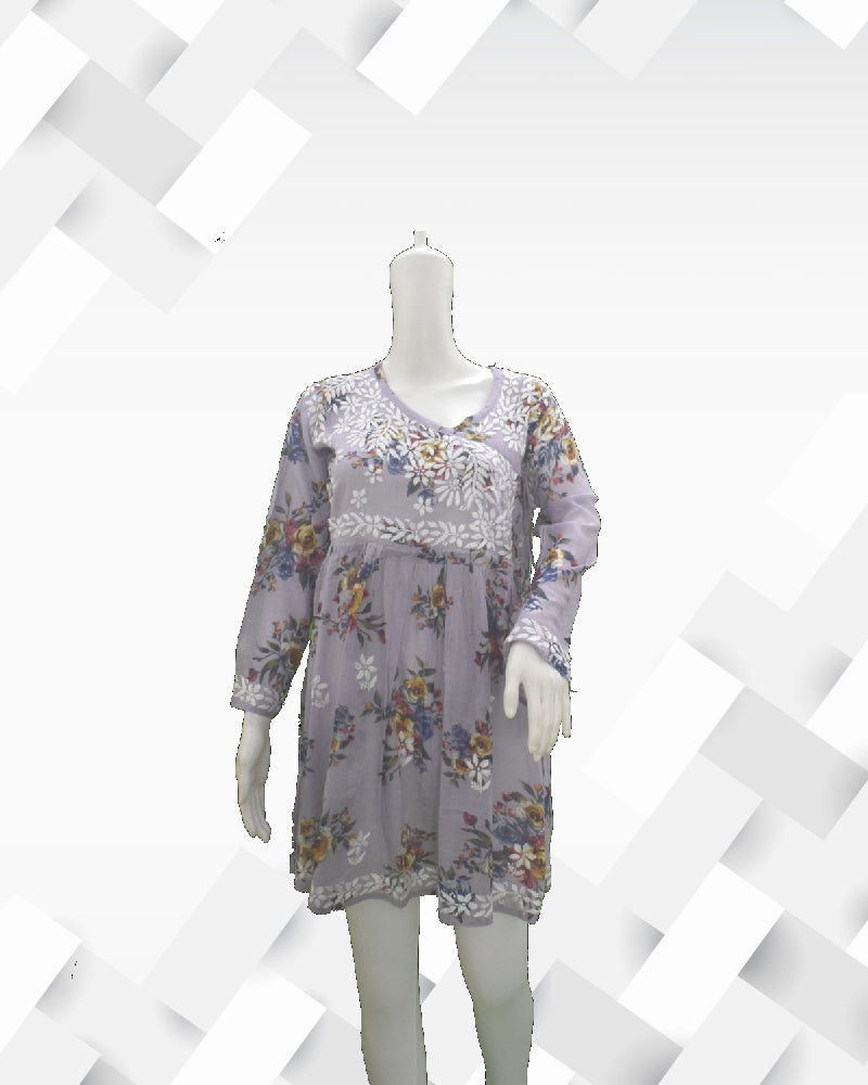 Silakaari Women's Printed Mul Cotton Lucknowi Short Kurta