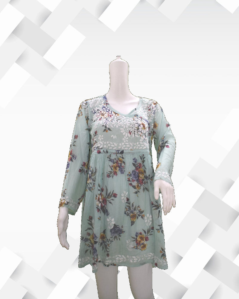 Silakaari Women's Printed Mul Cotton Lucknowi Short Kurta