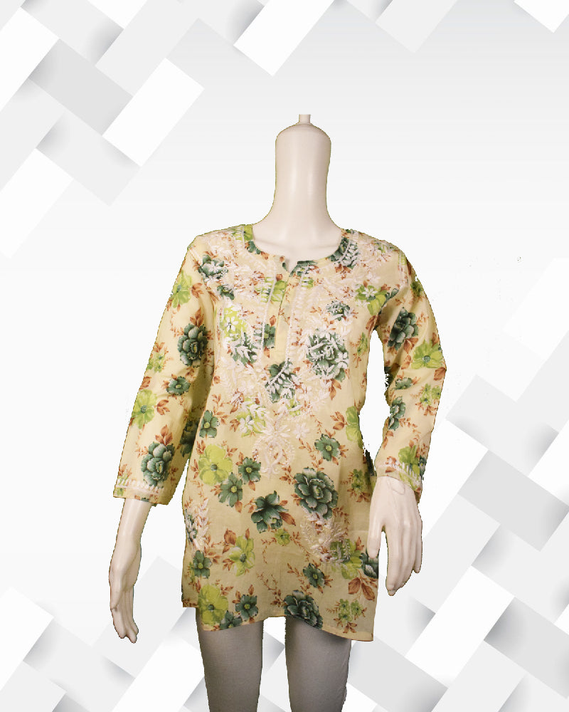Silakaari Women's Pure Mul Cotton Printed Chikankari Short Kurta